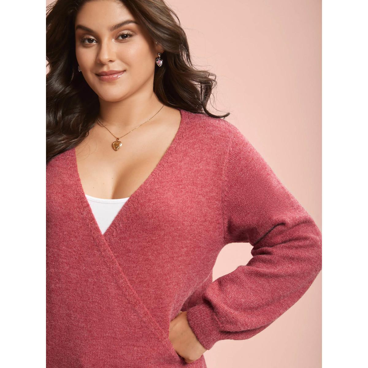 Plus Size Surplice Neck Solid Textured Pullover Scarlet Women Casual Loose Long Sleeve Overlap Collar Everyday Pullovers BloomChic 18-20/2X Product Image
