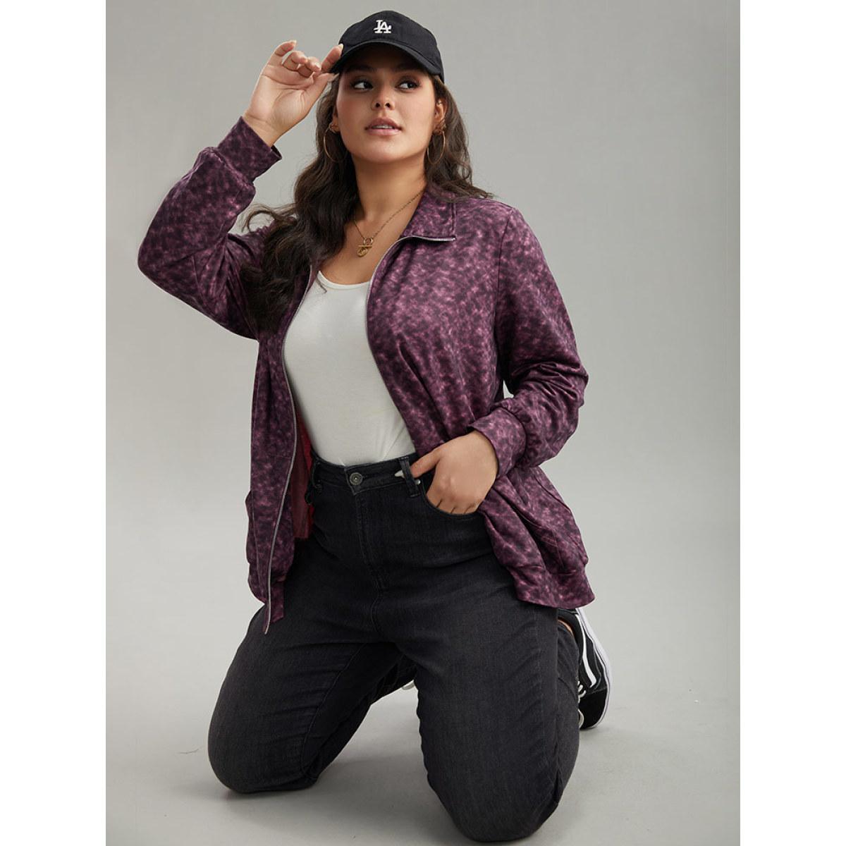 Plus Size Tie Dye Zipper Fly Pocket Jacket Women Purple Zipper Pocket Dailywear Jackets BloomChic 30/6X Product Image