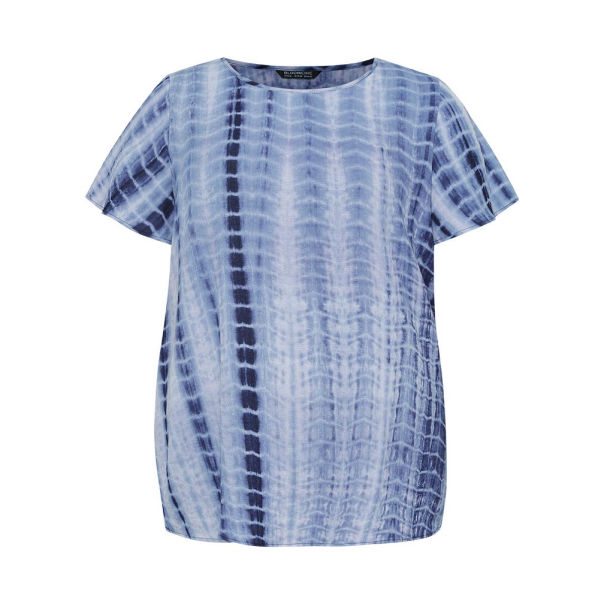 Plus Size Blue Tie Dye Ruffle Sleeve Crew Neck Blouse Women Vacation Short sleeve Round Neck Dailywear Blouses BloomChic 30/6X Product Image