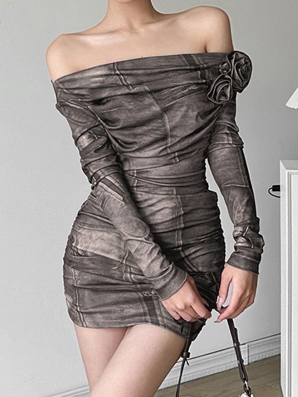 All Over Print Off Shoulder Flower Decor Ruched Mini Dress Product Image