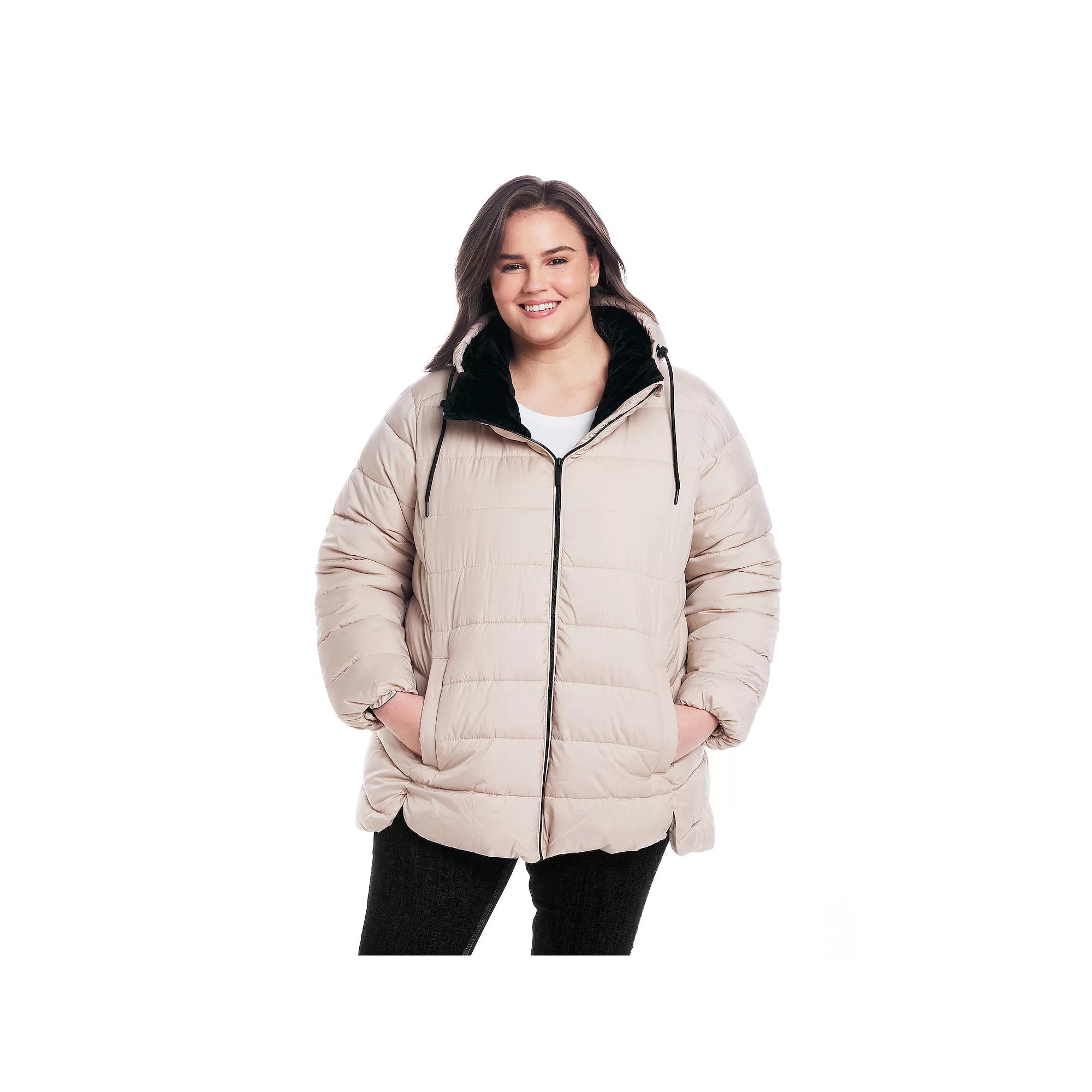 Plus Size Weathercast Hooded Puffer Coat with Cozy Pile, Women's, Size: 1XL, Beechwood Product Image