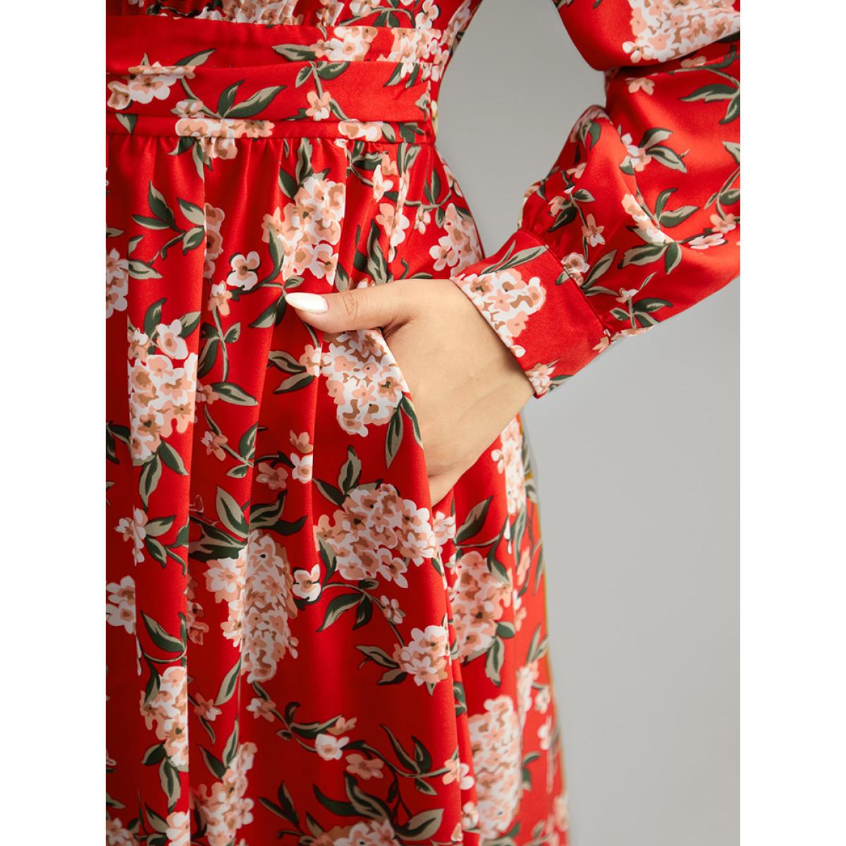 Plus Size Floral Print Ruched Pocket Pleated Dress Red Women Elegant Printed V-neck Long Sleeve Curvy Midi Dress BloomChic 14-16/1X Product Image