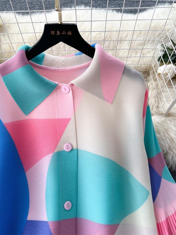 Flared Sleeves Loose Belted Contrast Color Pleated Midi Dresses Product Image