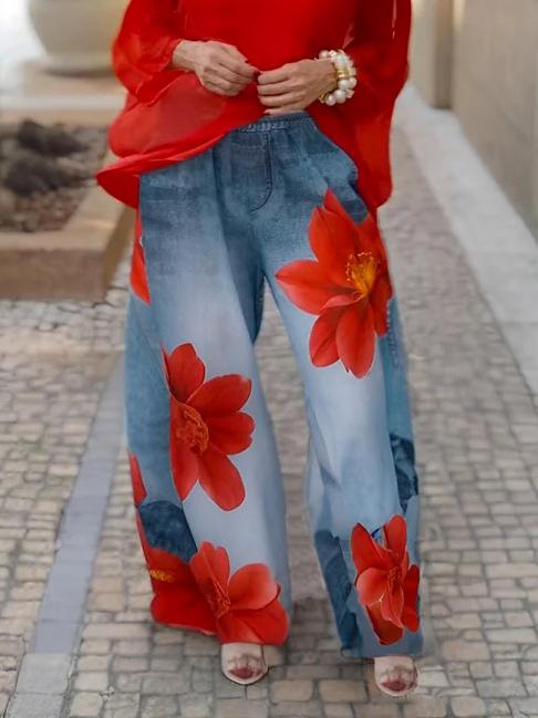 Loose Wide Leg Flower Print Jean Pants Bottoms Trousers Product Image
