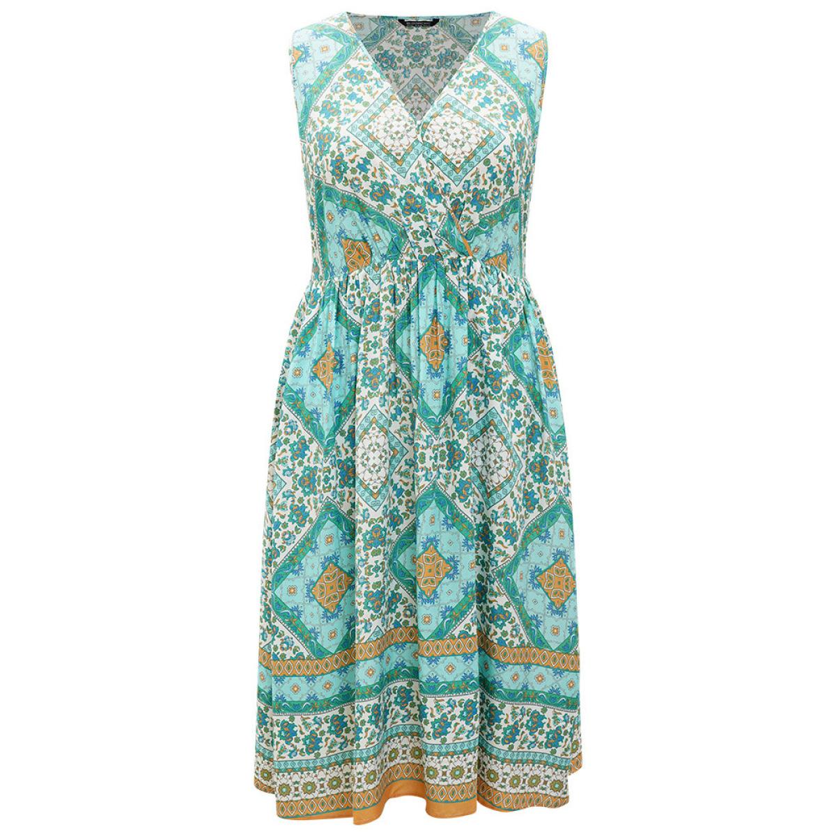 Plus Size Bandana Print Overlap Collar Pocket Tank Dress Mint Women Vacation Gathered V-neck Sleeveless Curvy Midi Dress BloomChic 14-16/1X Product Image