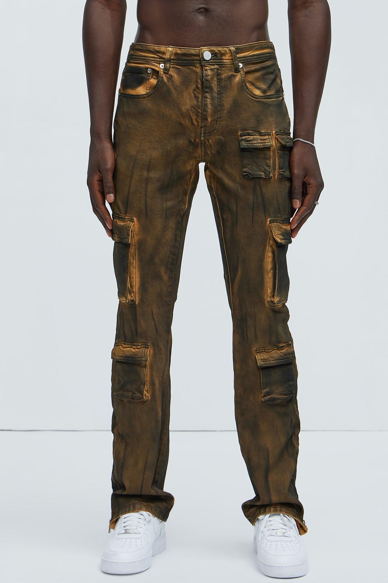 Pocket Me Cargo Stacked Skinny Zipper Flare Jeans - Brown Product Image