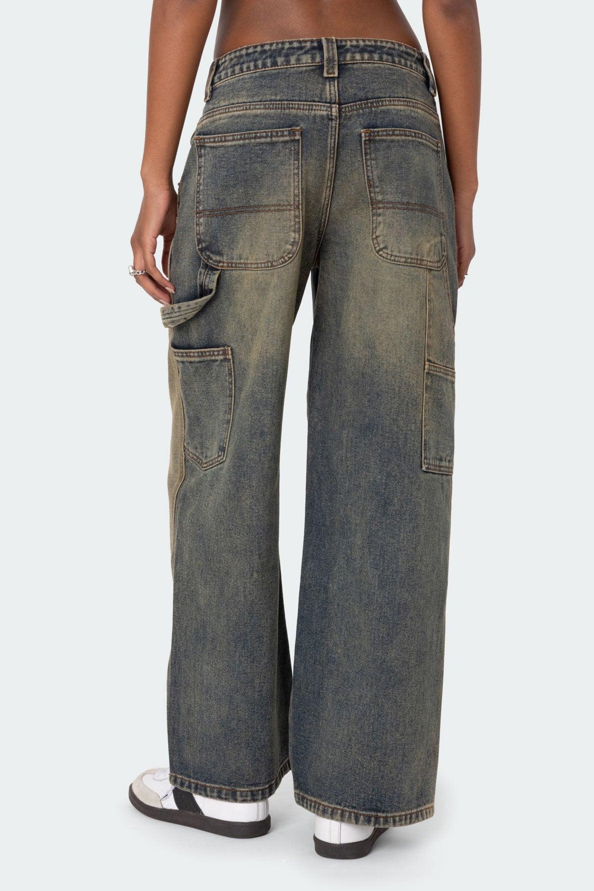 Contrast Panel Washed Mid Rise Baggy Jeans Product Image