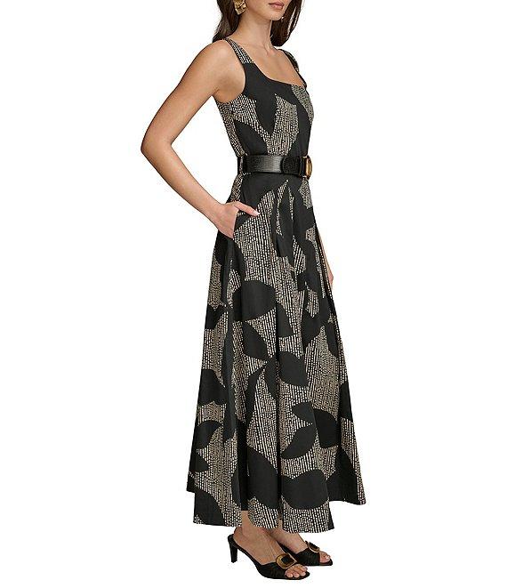 Donna Karan Sleeveless Square Neck A-Line Belted Midi Dress Product Image