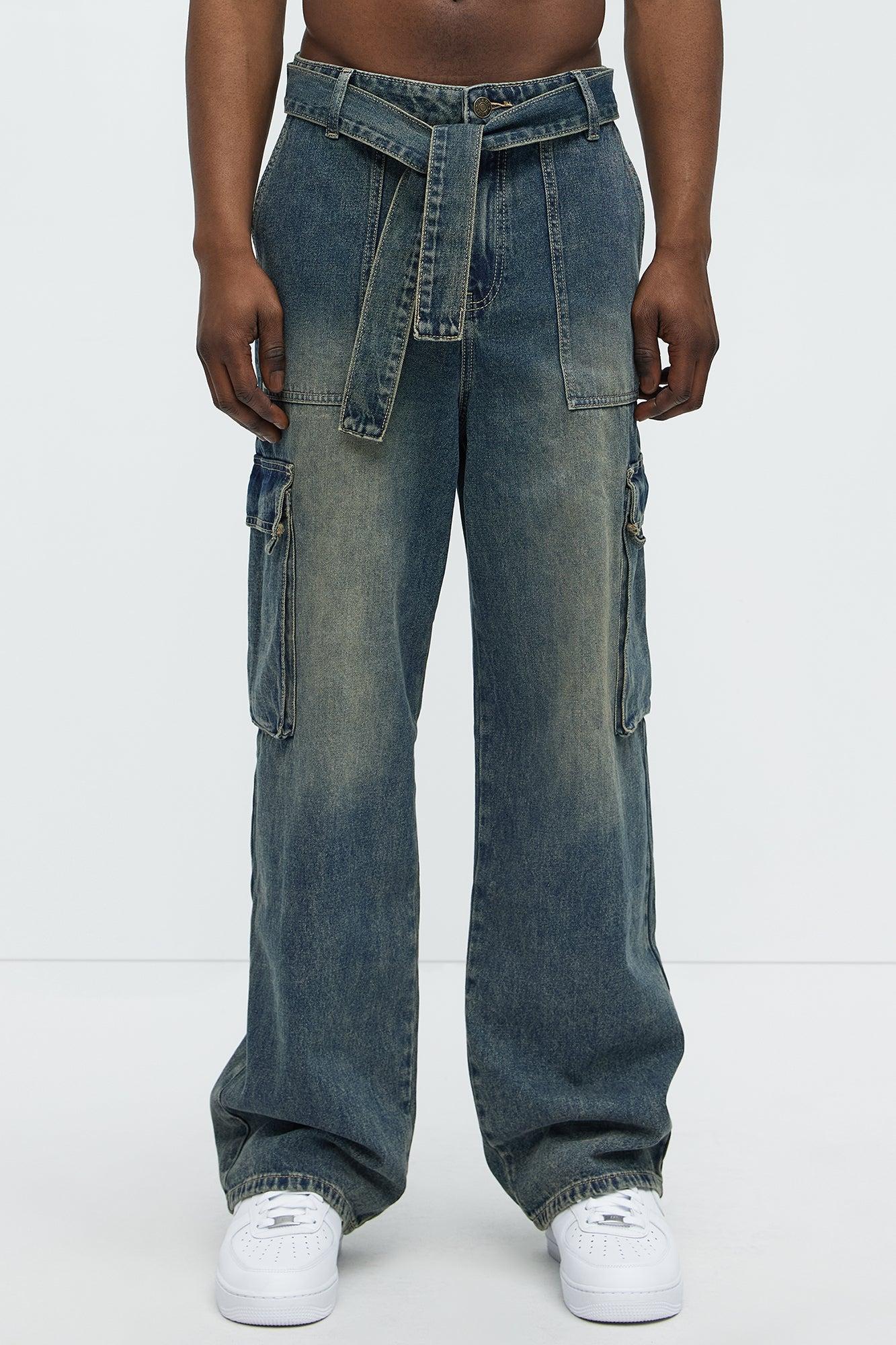 Tied Up Cargo Baggy Jeans - Medium Blue Wash Product Image