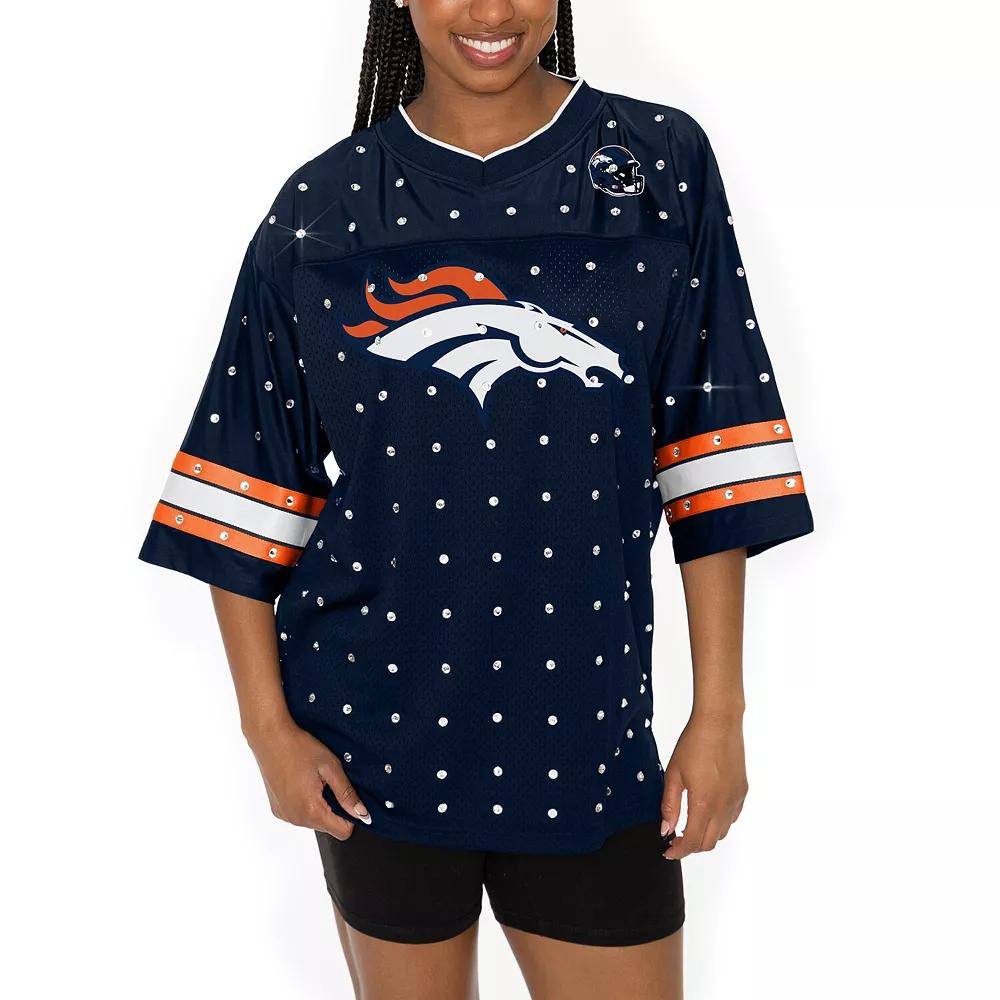 Women's Gameday Couture Navy Denver Broncos All-Over Rhinestone Sports Stripe Kickoff V-Neck Fashion Half-Sleeve Jersey Top, Size: Large, Blue Product Image
