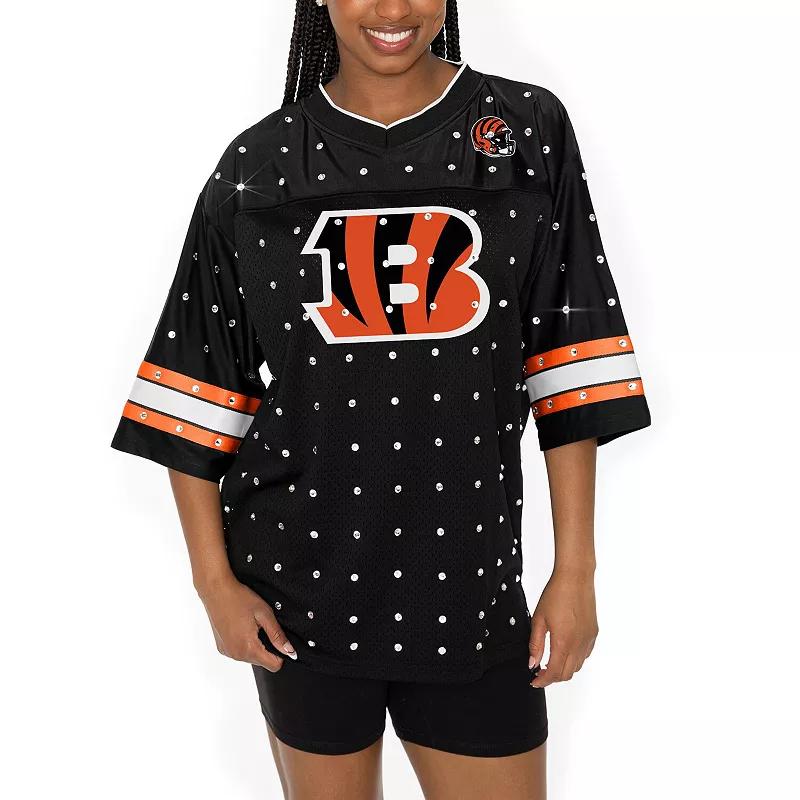 Women's Gameday Couture Black Cincinnati Bengals All-Over Rhinestone Sports Stripe Kickoff V-Neck Fashion Half-Sleeve Jersey Top, Size: Small Product Image