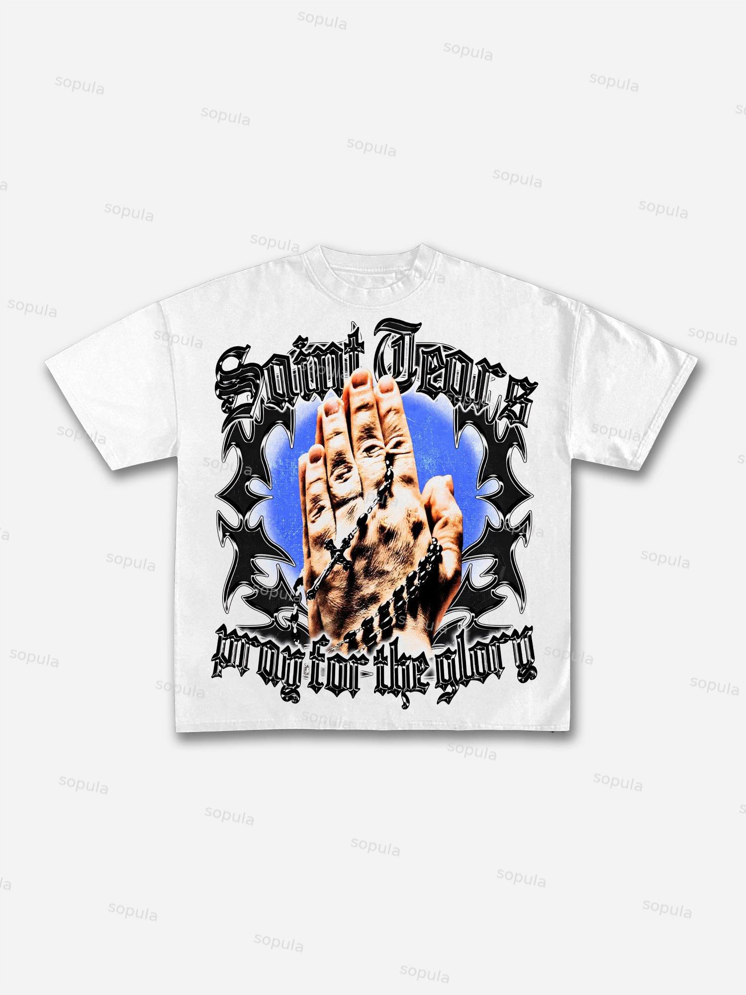 Vintage Pray For The Glory Graphic Print Casual Cotton T-shirt Product Image