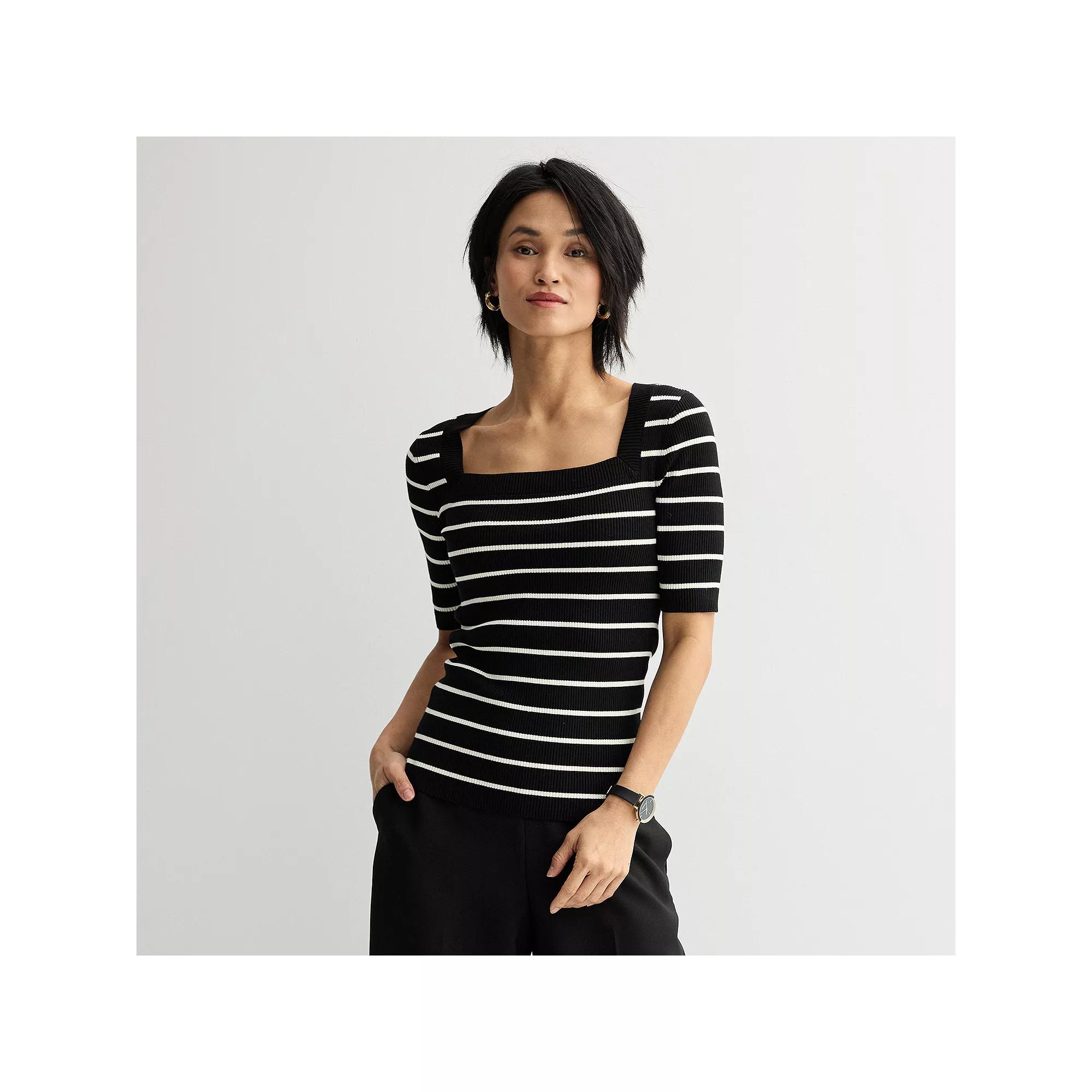 Women's Nine West Square Neck Ribbed Short Sleeve Sweater, Size: Medium, Black White Product Image
