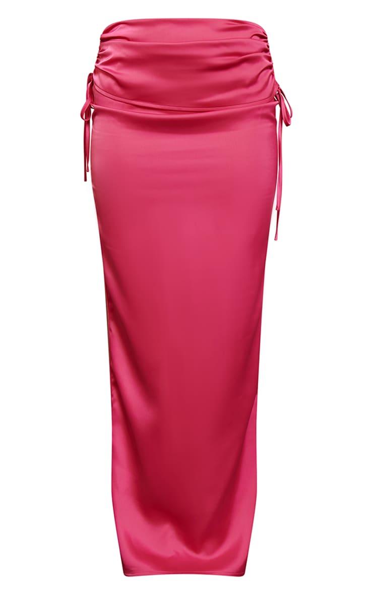  Hot Pink Satin Ruched Maxi Skirt Product Image