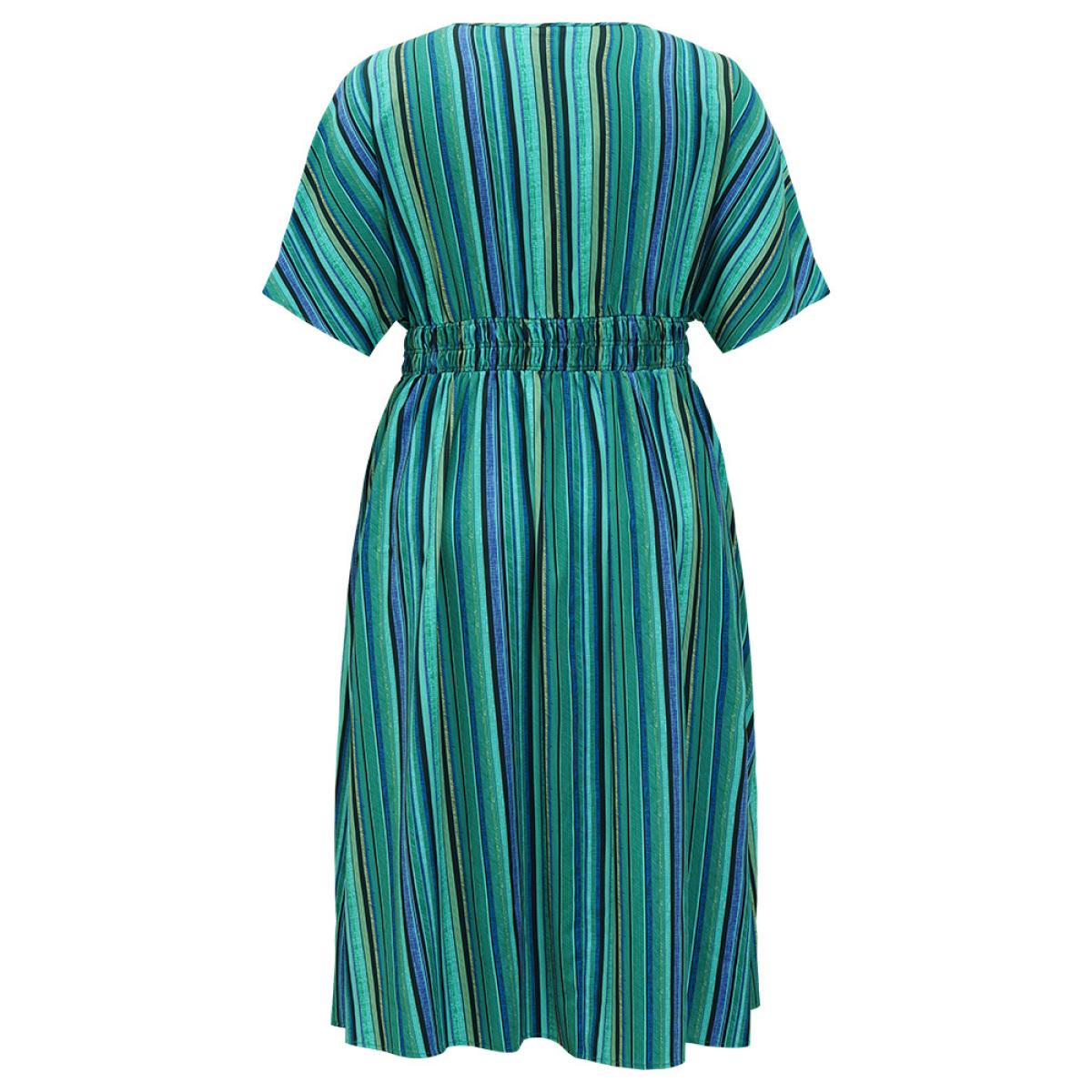 Plus Size Striped Contrast Pocket Knot Shirred Batwing Sleeve Dress Green Women Vacation Gathered V-neck Short sleeve Curvy Midi Dress BloomChic 10/M Product Image