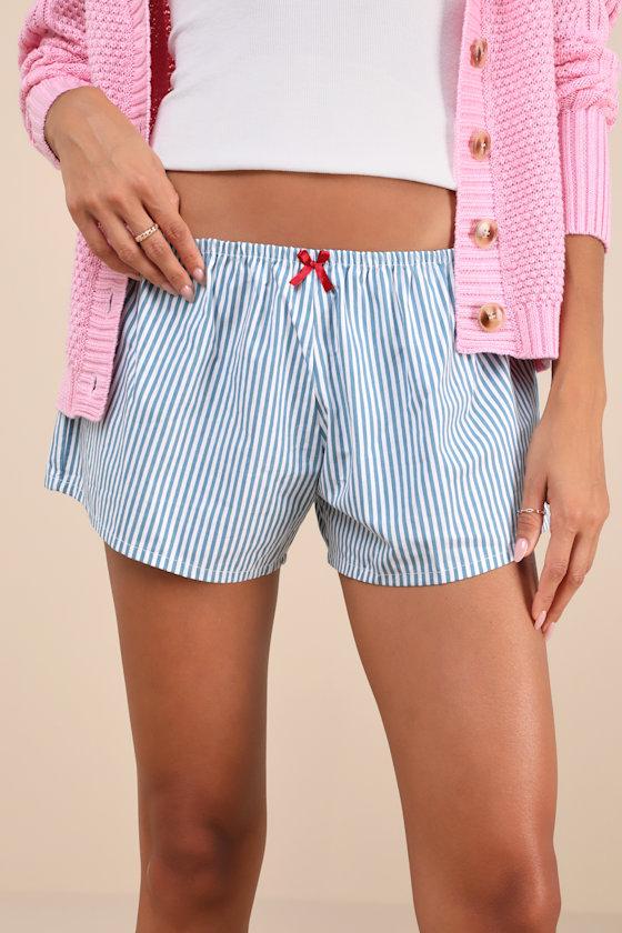 Rata Blue and White Striped Cotton Poplin Shorts Product Image