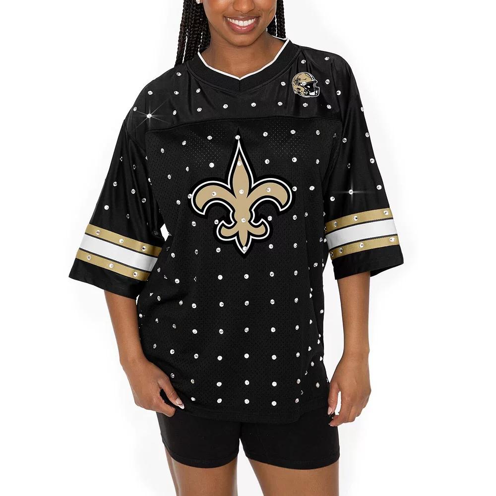 Women's Gameday Couture Black New Orleans Saints Kickoff Time Allover Rhinestone Sports Stripe Jersey V-Neck T-Shirt, Size: Small Product Image