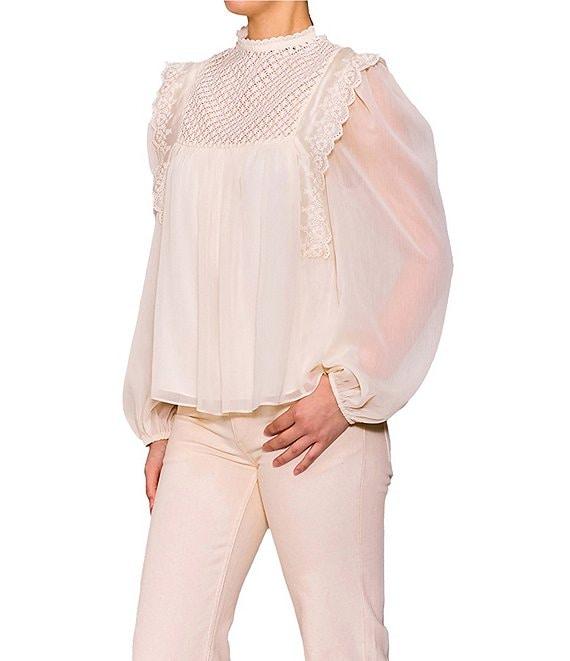 MELLODAY Lace Inset Mock Neck Puff Sleeve Blouse Product Image