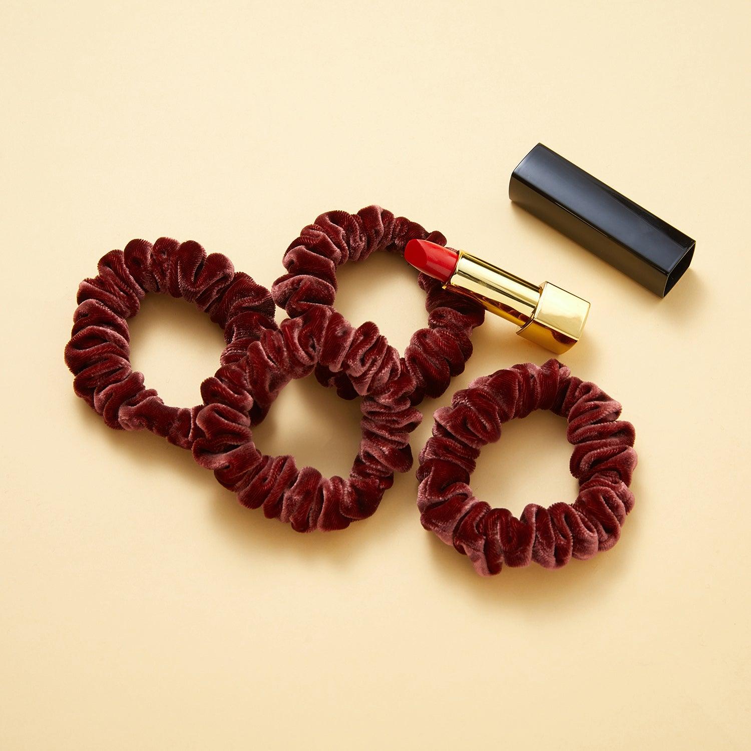 Silk Velvet Handmade Scrunchie Set of Two | 0.8 Inch & 2 Inch | Lipstick Collection Product Image