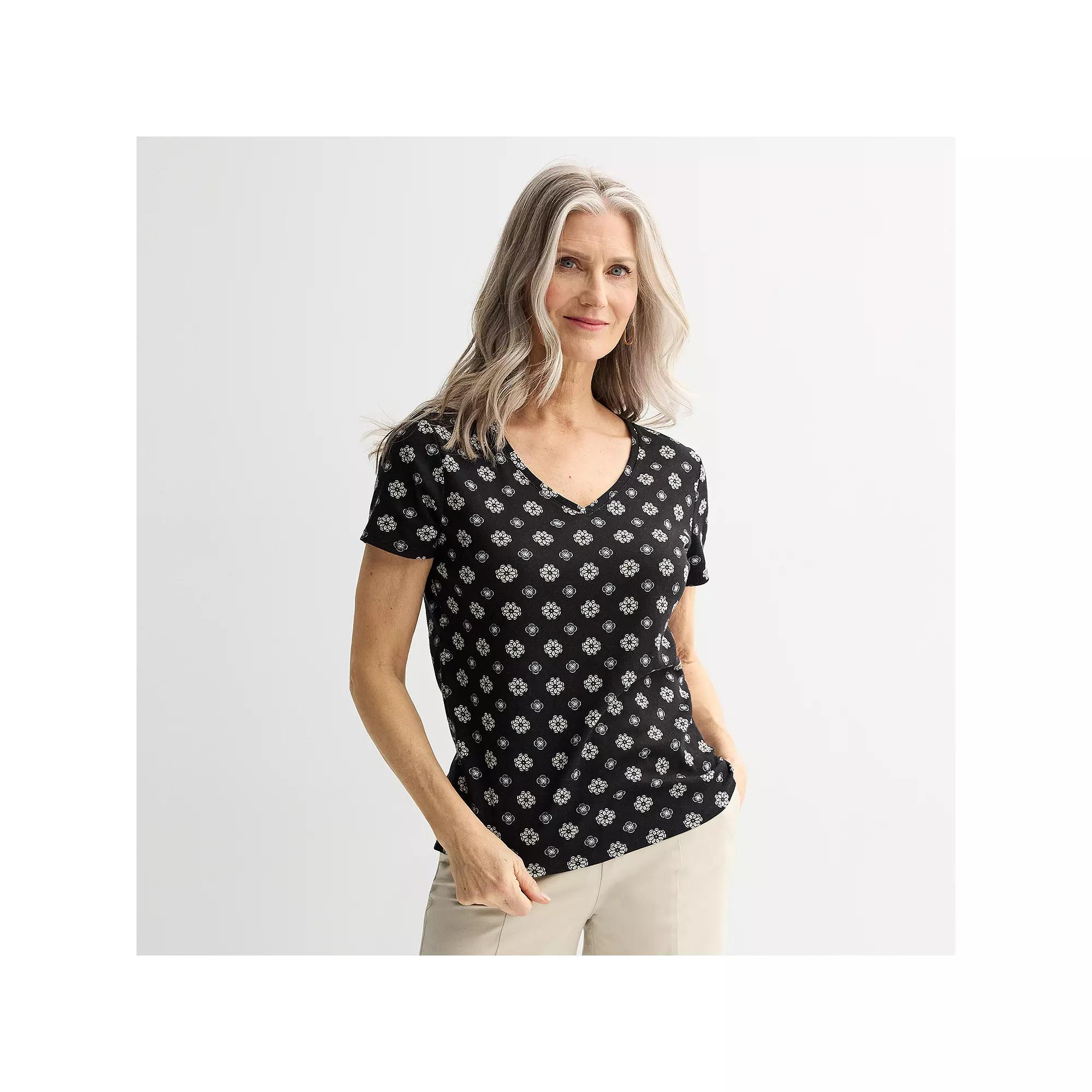 Women's Croft & Barrow® Essential V-Neck Tee, Size: Small, Black Mini Geo Product Image