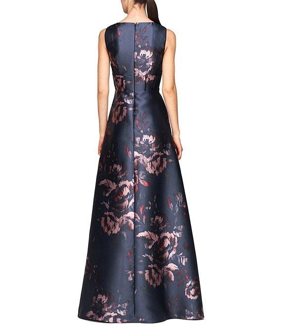 Kay Unger Floral Mikado V-Neck Sleeveless Pin Tuck Side Pocket Gown Product Image