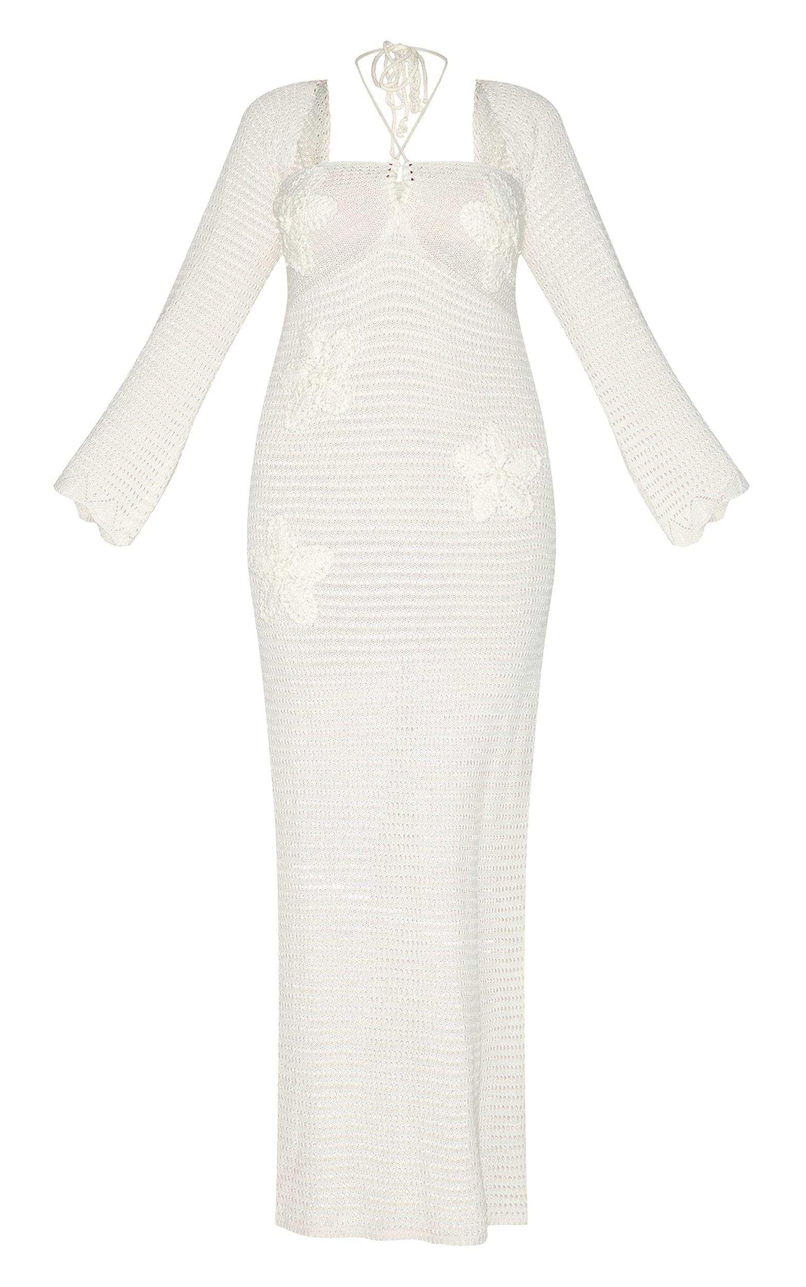 Plus Ecru Flower Applique Long Sleeve Crochet Maxi Dress Product Image