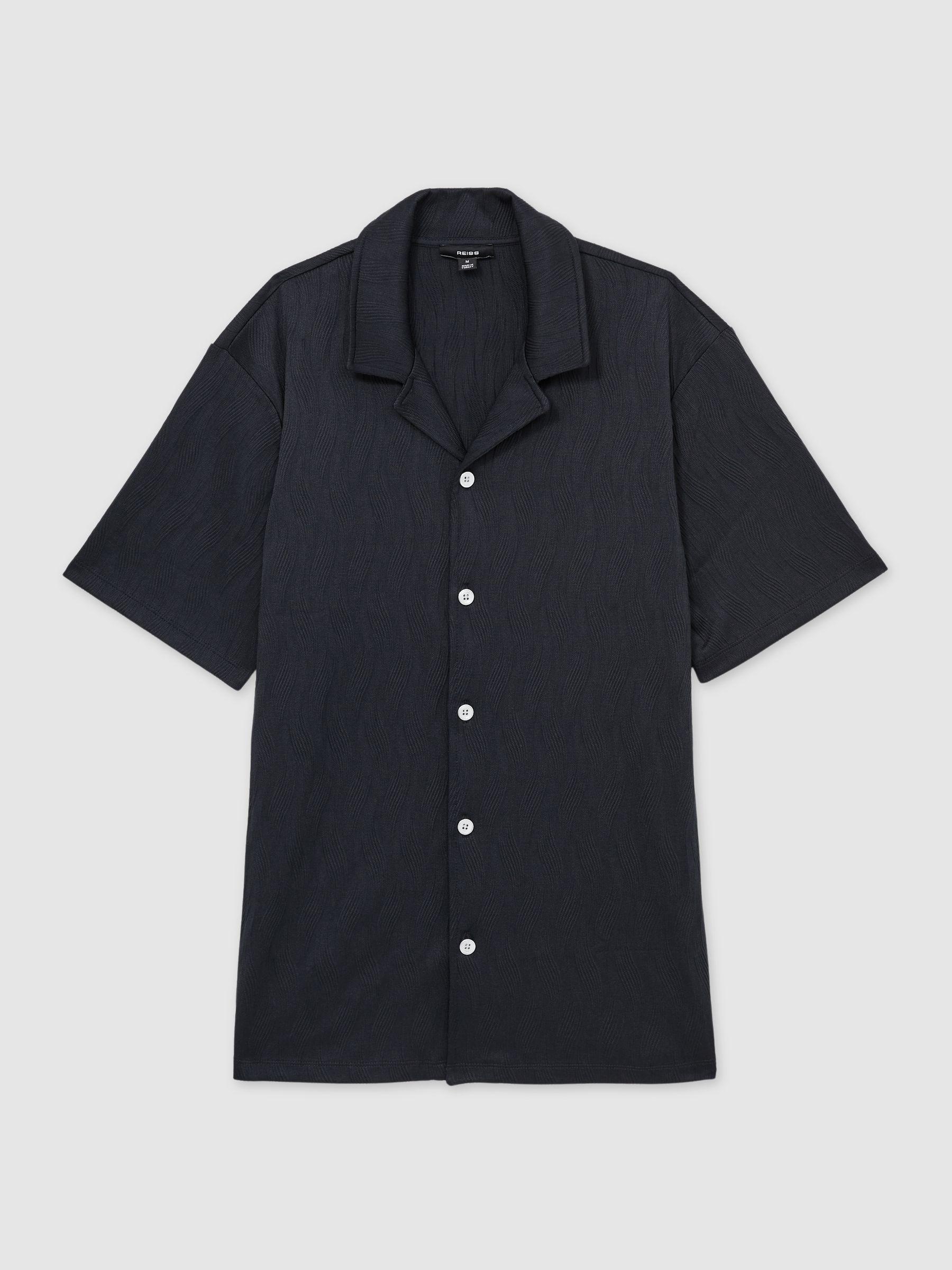 Wave-Jacquard Cuban-Collar Shirt in Navy Product Image