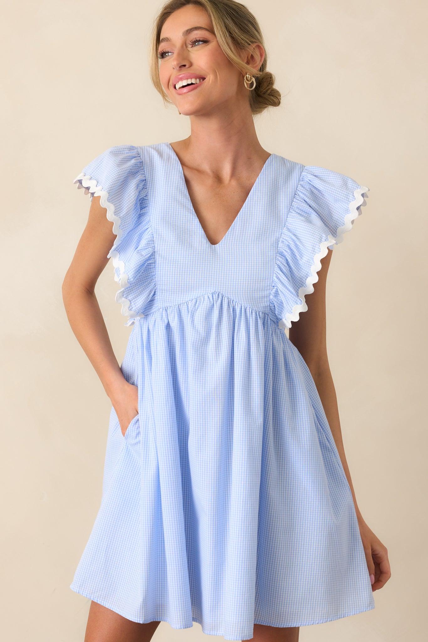 Fairchild Blue Micro Gingham Cotton Mini Dress Product Image