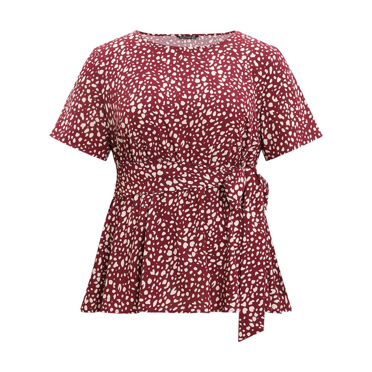 Plus Size Leopard Leopard Knotted Flutter Hem Crew Neck Blouse Women Elegant Short sleeve Round Neck Dailywear Blouses BloomChic 12/L Product Image