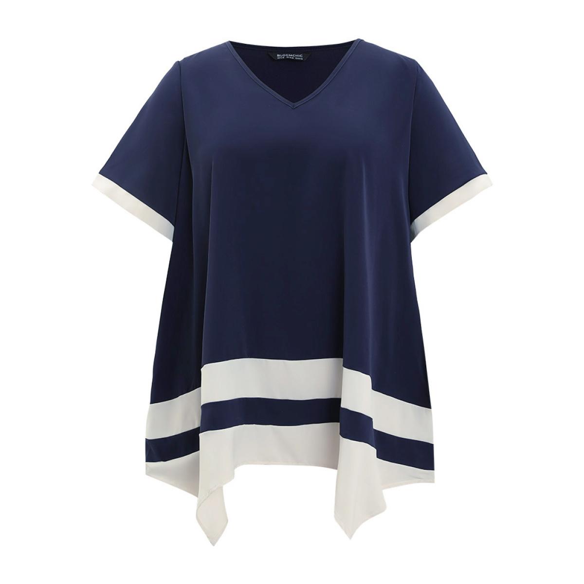 Plus Size Midnight Anti-Wrinkle Two Tone Hanky Hem Blouse Women Office Short sleeve V-neck Work Blouses BloomChic 10/M Product Image