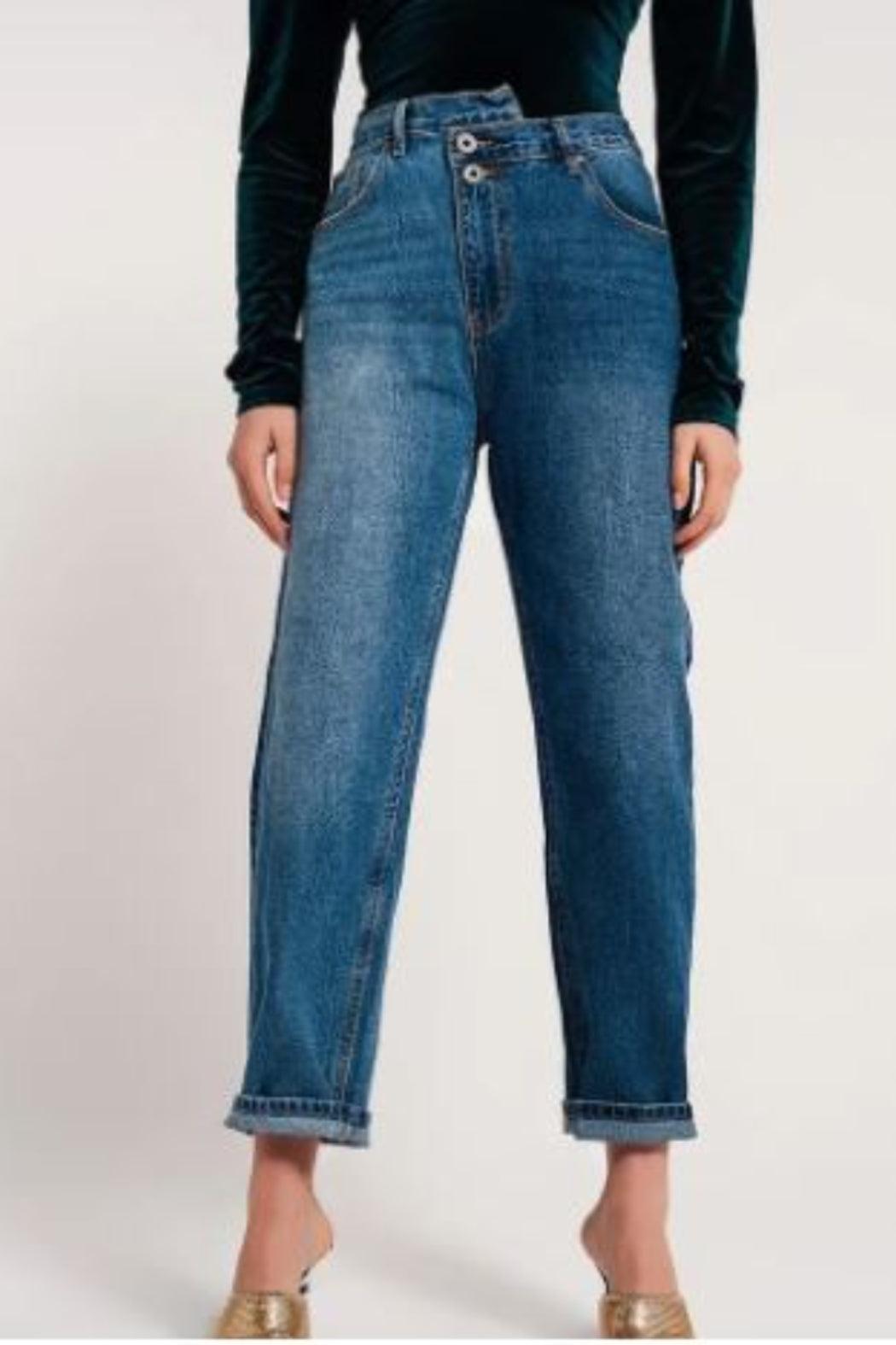 Asymmetric Button Waist Jeans Product Image