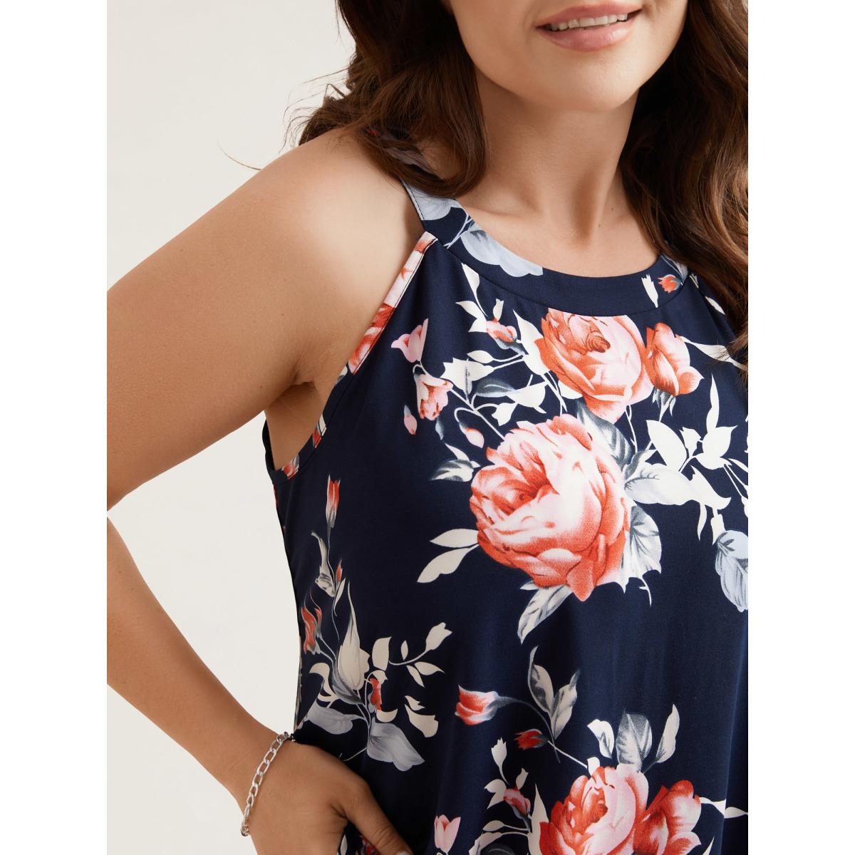 Plus Size Rosy Print Halter Neck Top Women Indigo Romantic Contrast Round Neck Elegant Tank Tops Camis BloomChic 30/6X Product Image