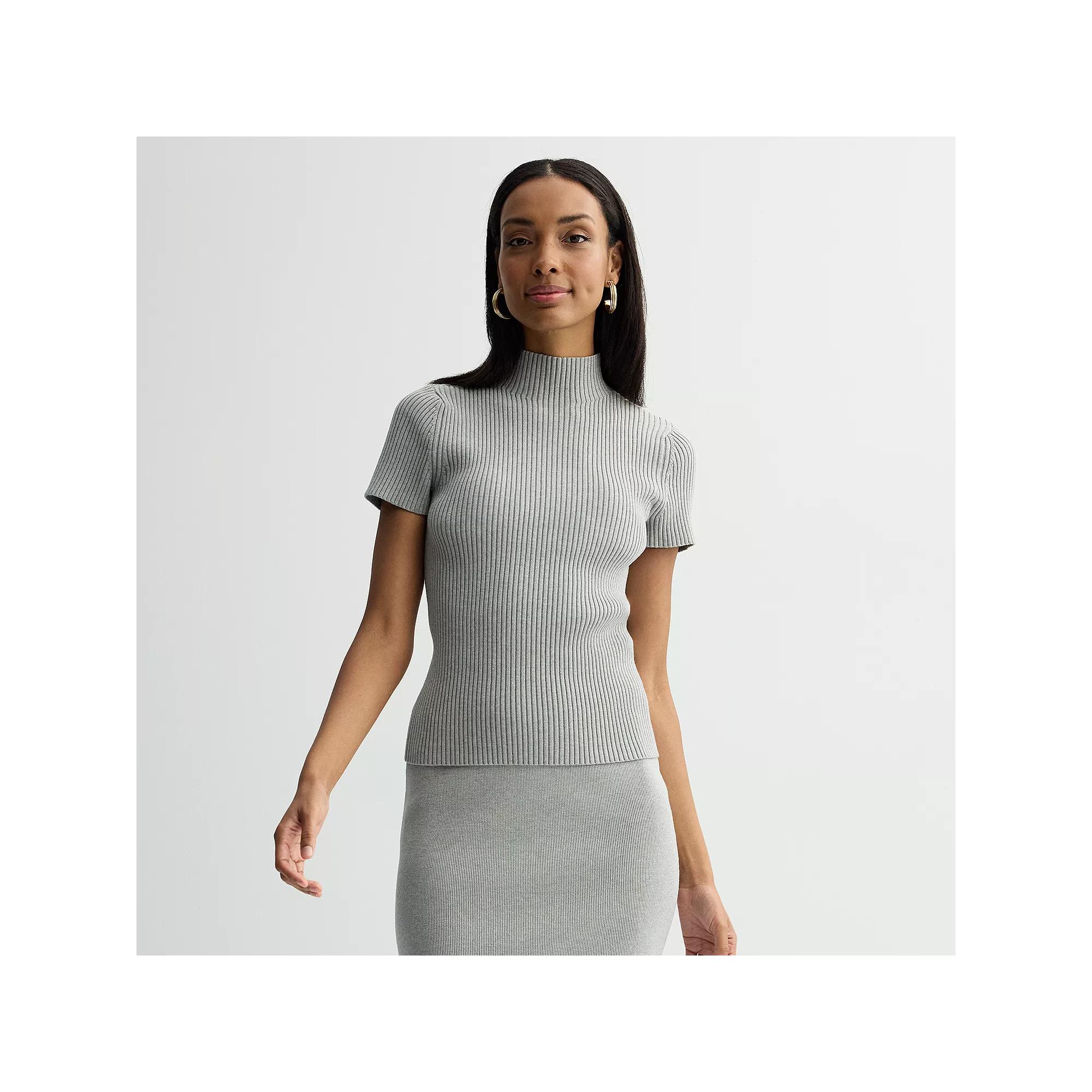 Women's Nine West Ribbed Mockneck Short Sleeve Sweater, Size: Medium, Dark Metal Grey Product Image