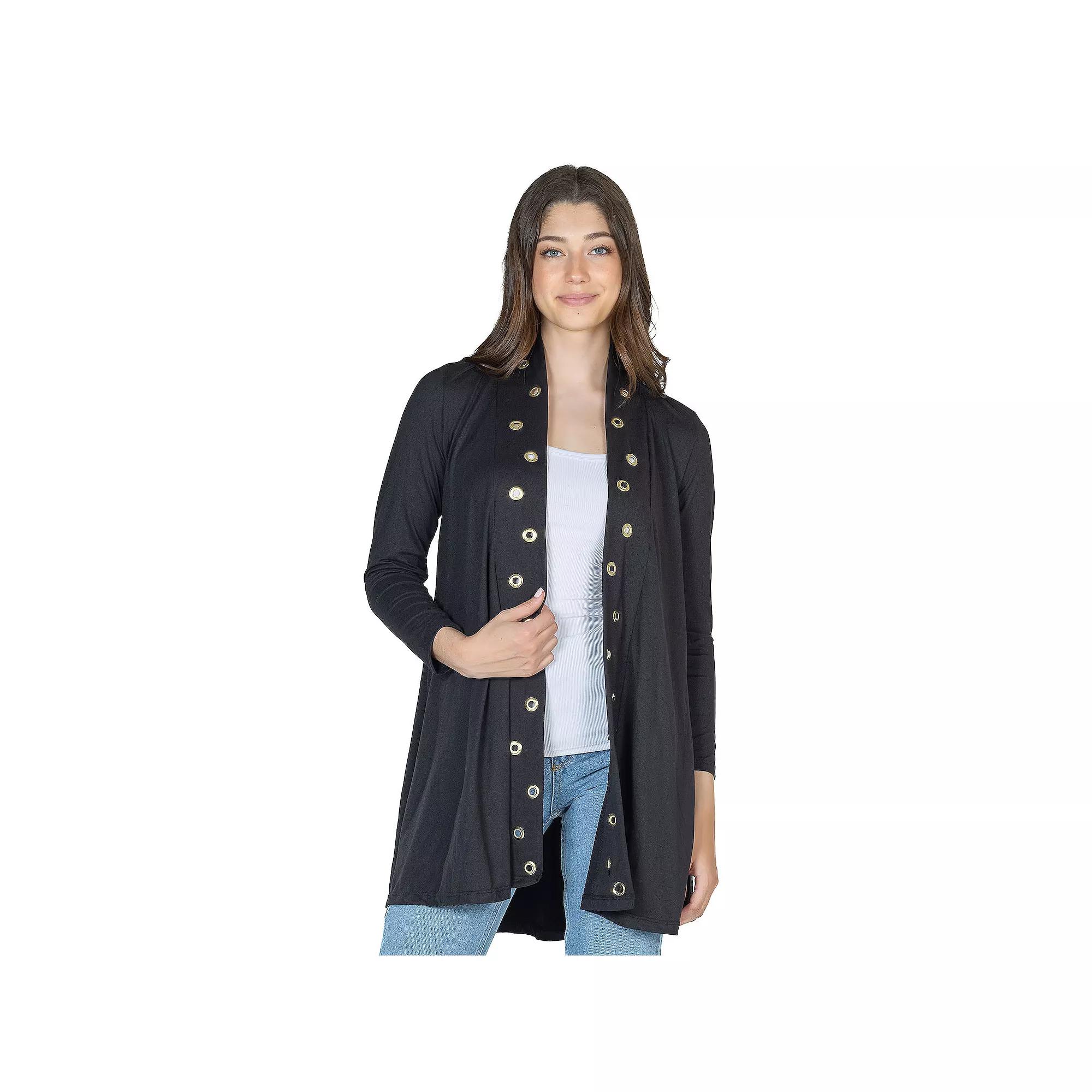 Women's 24Seven Comfort Apparel Mid Thigh Open Front Cardigan with Grommet Details, Size: Small, Black Product Image