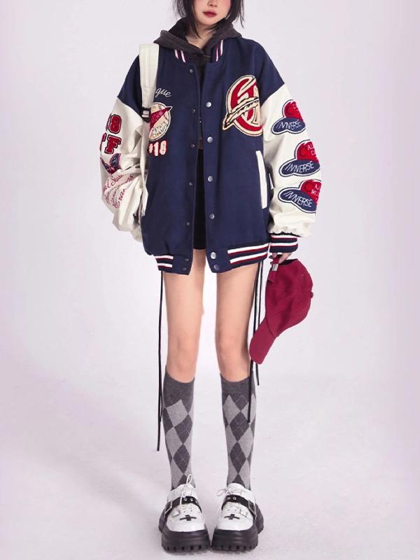 Contrast Color Flocking Print Varsity Jacket Product Image