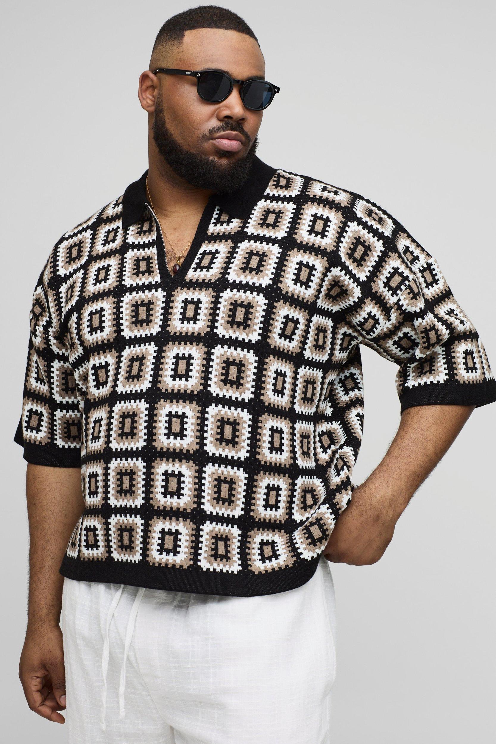 Plus Oversized Boxy Crochet Knit Polo In Black | boohooMAN USA Product Image