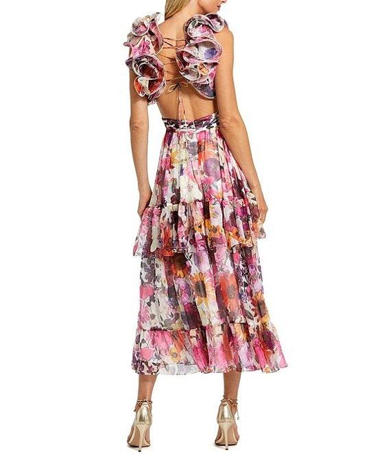 Mac Duggal Floral Chiffon V-Neck Ruffle Shoulder Sleeveless Side Cut-Out Tiered Midi Dress Product Image