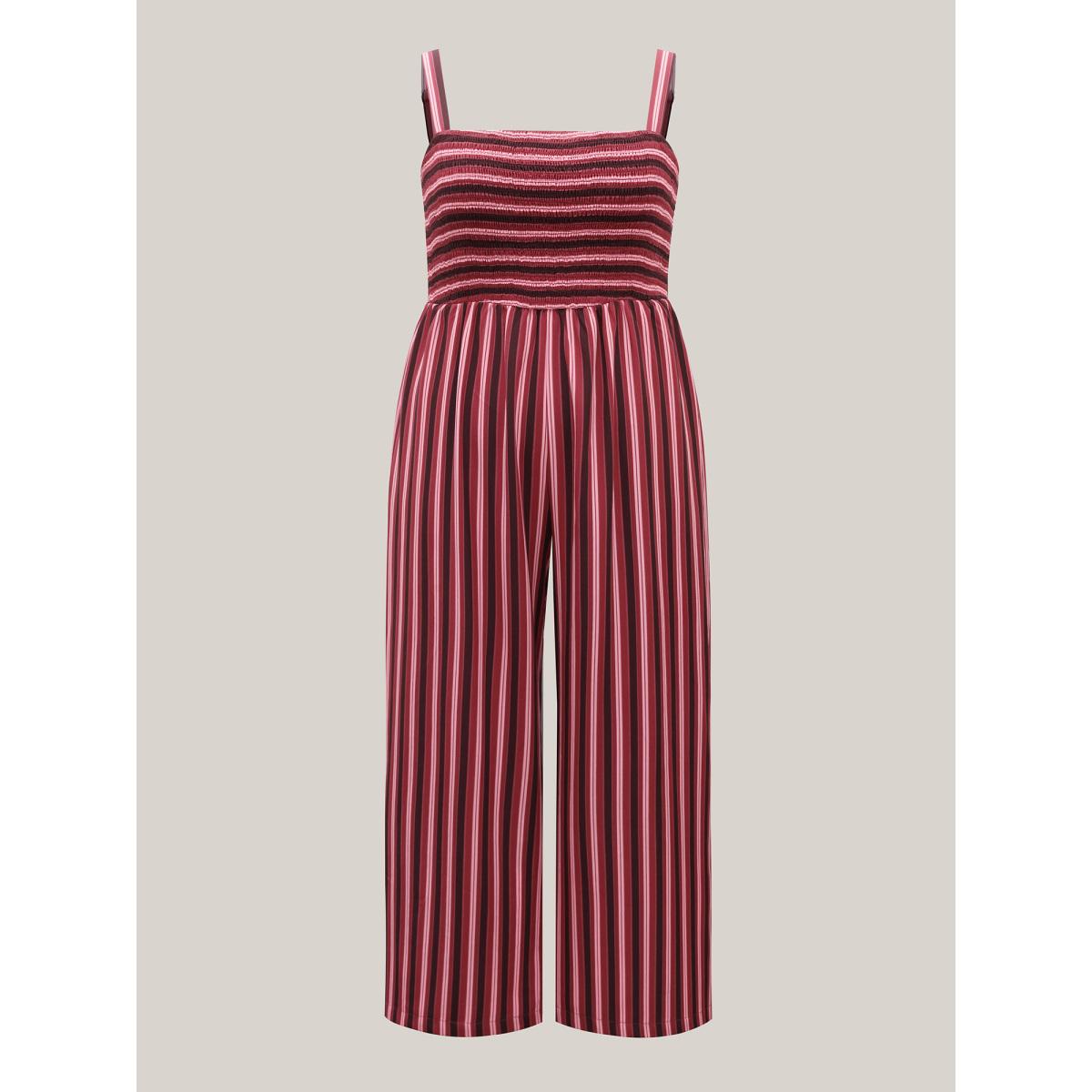 Plus Size Burgundy Shirred Stripes Adjustable Pockets Jumpsuit Women Boho Sleeveless Non Vacation Loose Jumpsuits BloomChic 14-16/1X Product Image