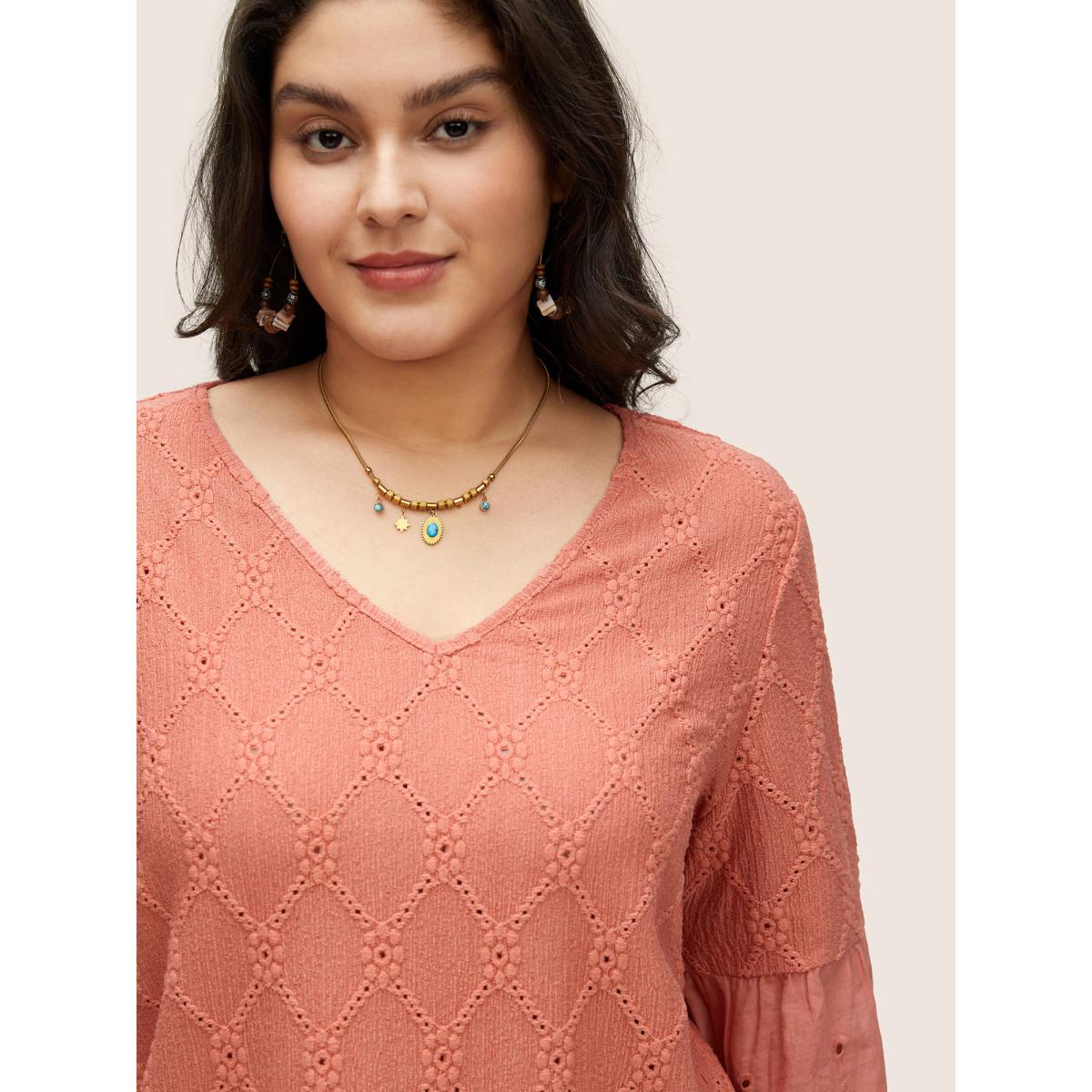 Plus Size Plain Texture Broderie Anglaise Patchwork T-shirt Salmon Women Resort Texture Plain V-neck Vacation T-shirts BloomChic 26/4X Product Image