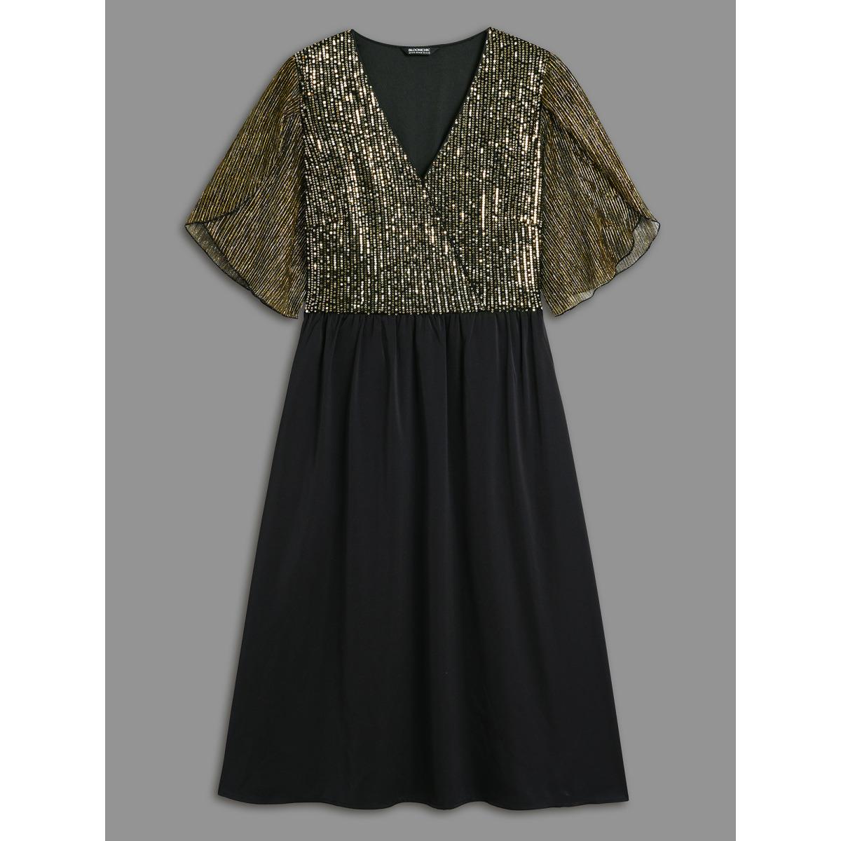 Plus Size Sequin Mesh Petal Sleeve Midi Dress Black Women Cocktail Overlapping Party Curvy Bloomchic 18-20/2X Product Image