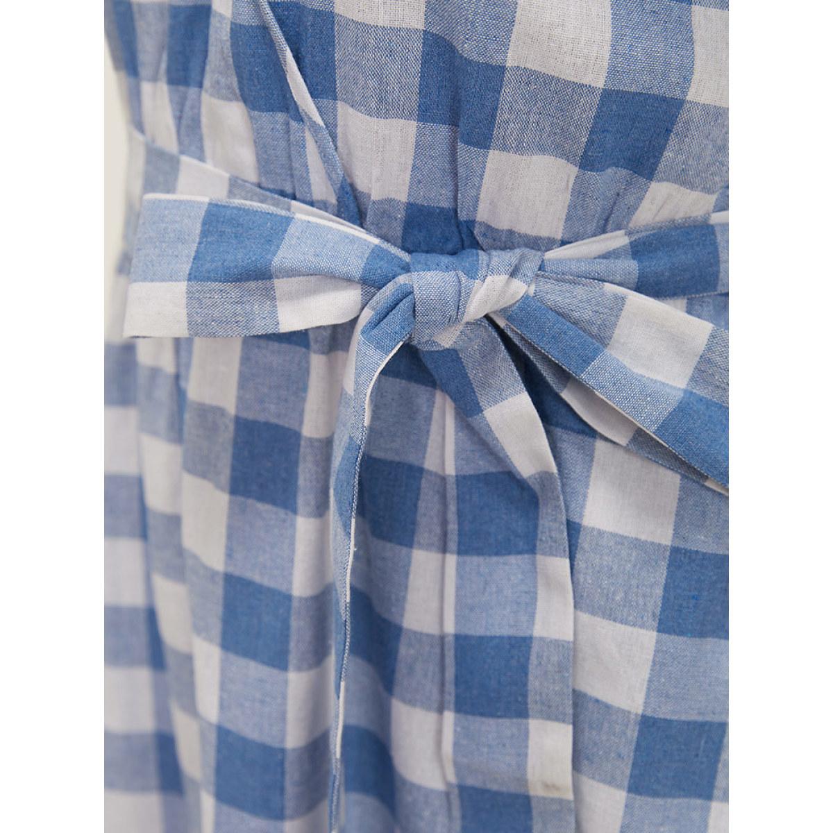Plus Size Colour Plaid Belted Surplice Neck Ruffles Dress LightBlue Women Vacation Wrap V-neck Short sleeve Curvy Midi Dress BloomChic 12/L Product Image