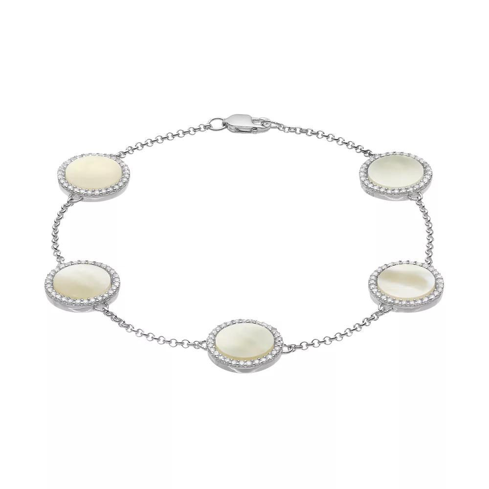 Sterling Silver Mother-of-Pearl & Cubic Zirconia Halo Station Bracelet, Women's, Size: 7.5" Product Image