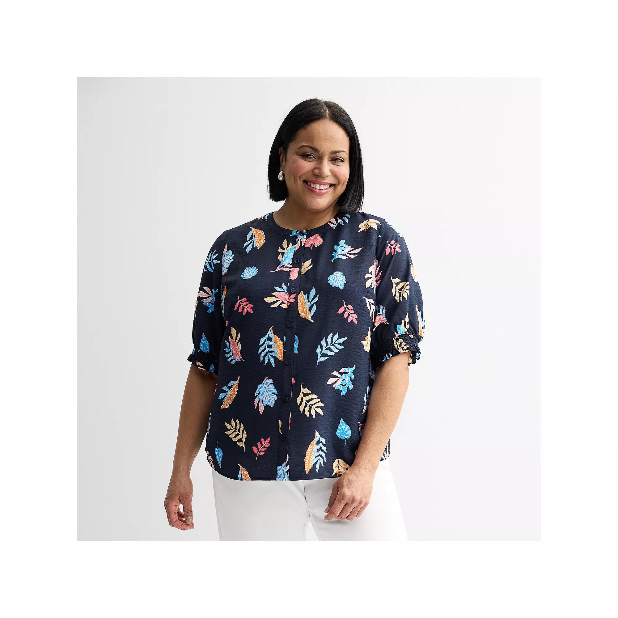 Plus Size Croft & Barrow® Woven Split Neck Top, Women's, Size: 5XL, Blue Open Jungle Product Image