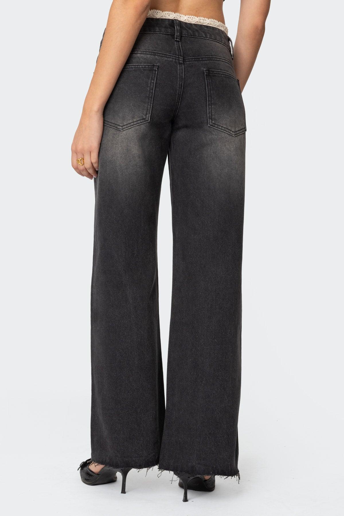 Karlie Peekaboo Lace Low Rise Baggy Jeans Product Image