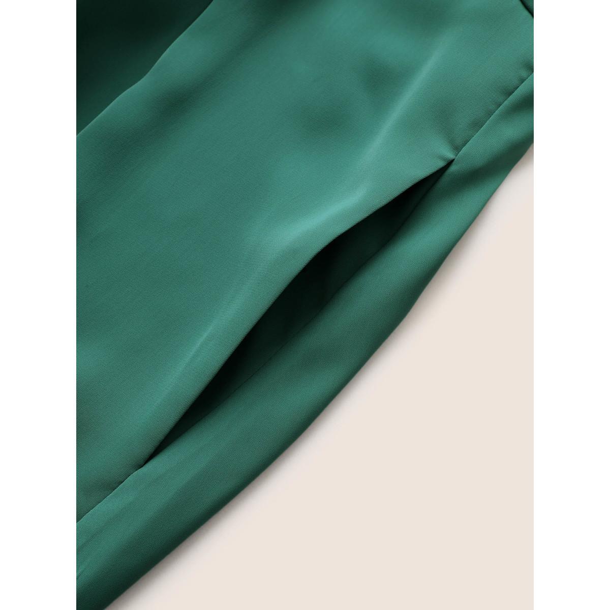 Plus Size Anti-Wrinkle Solid Ruched Flutter Trim Pleated Dress Emerald Women Elegant Non V-neck Sleeveless Curvy Midi Dress BloomChic 12/L Product Image