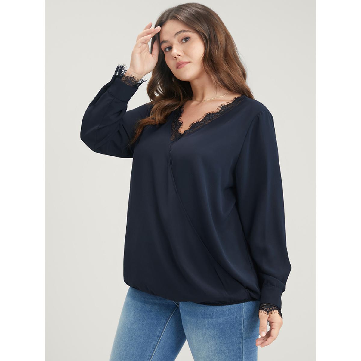 Plus Size DarkBlue Solid Lace Trim Wrap Blouse Women Elegant Long Sleeve V-neck Dailywear Blouses BloomChic 30/6X Product Image