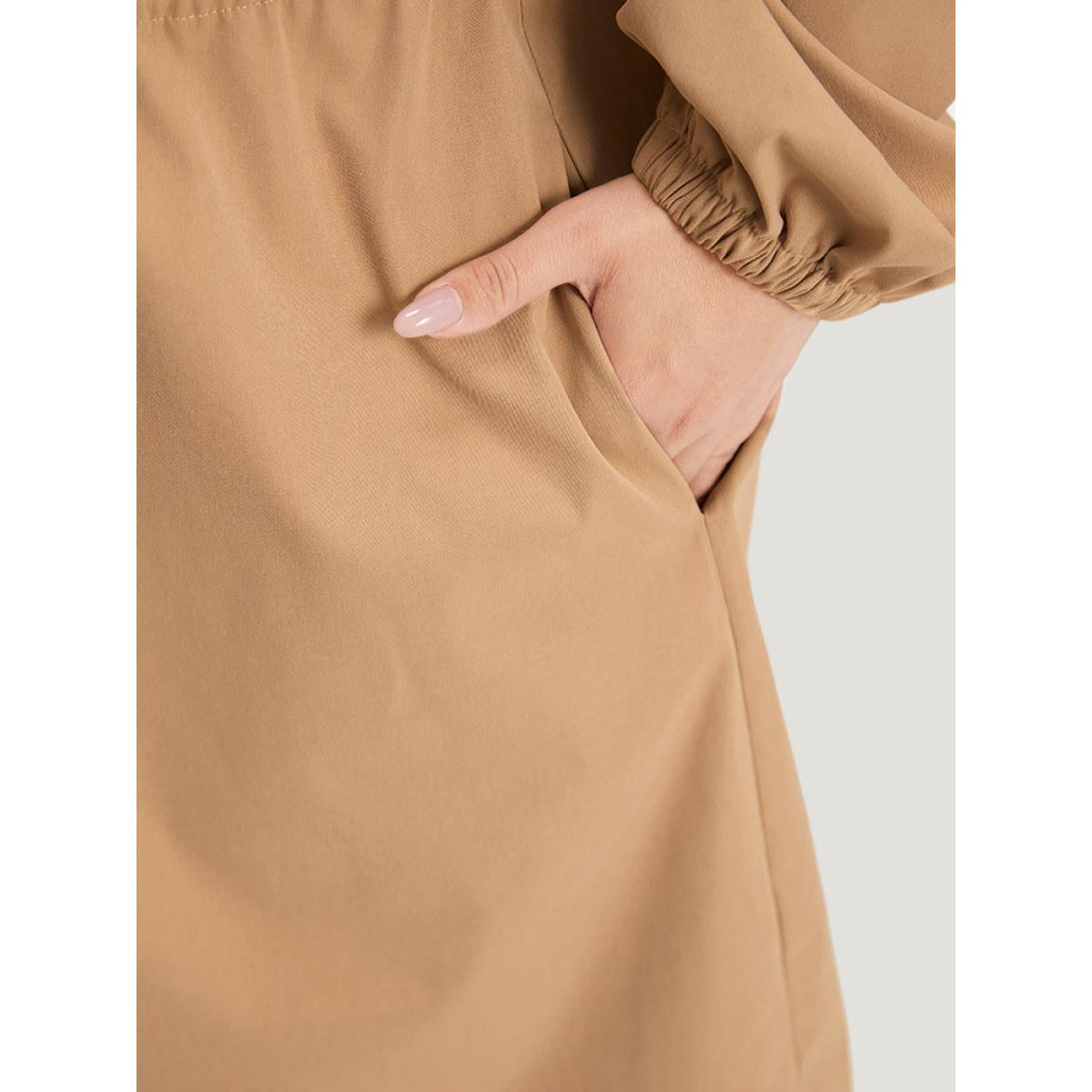 Plus Size Two Tone Drawstring Stand Collar Trench Coat Women LightBrown Dailywear Elastic cuffs Plain 28/5X Pocket Casual Trench Coats BloomChic Product Image