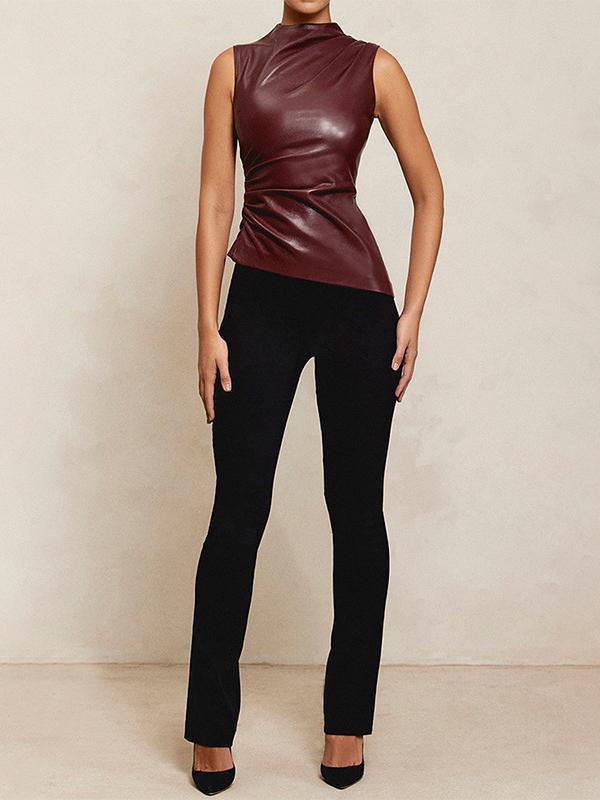 Skinny Sleeveless Asymmetric Pleated Solid Color Mock Neck Vest Top Product Image