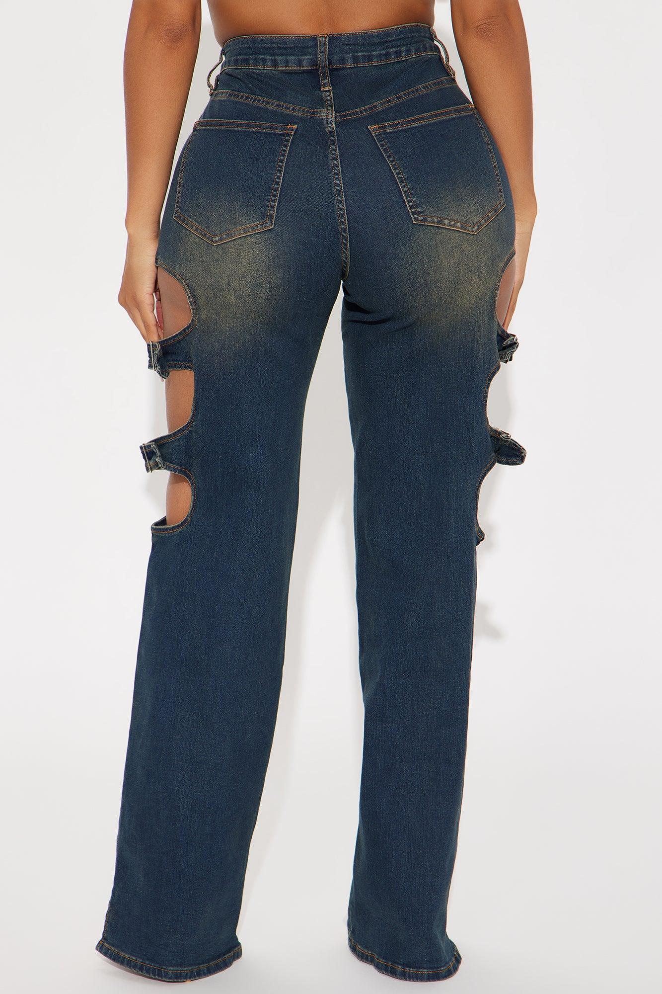 Setting The Tone Tinted Stretch Buckle Cutout Jeans - Dark Wash Product Image