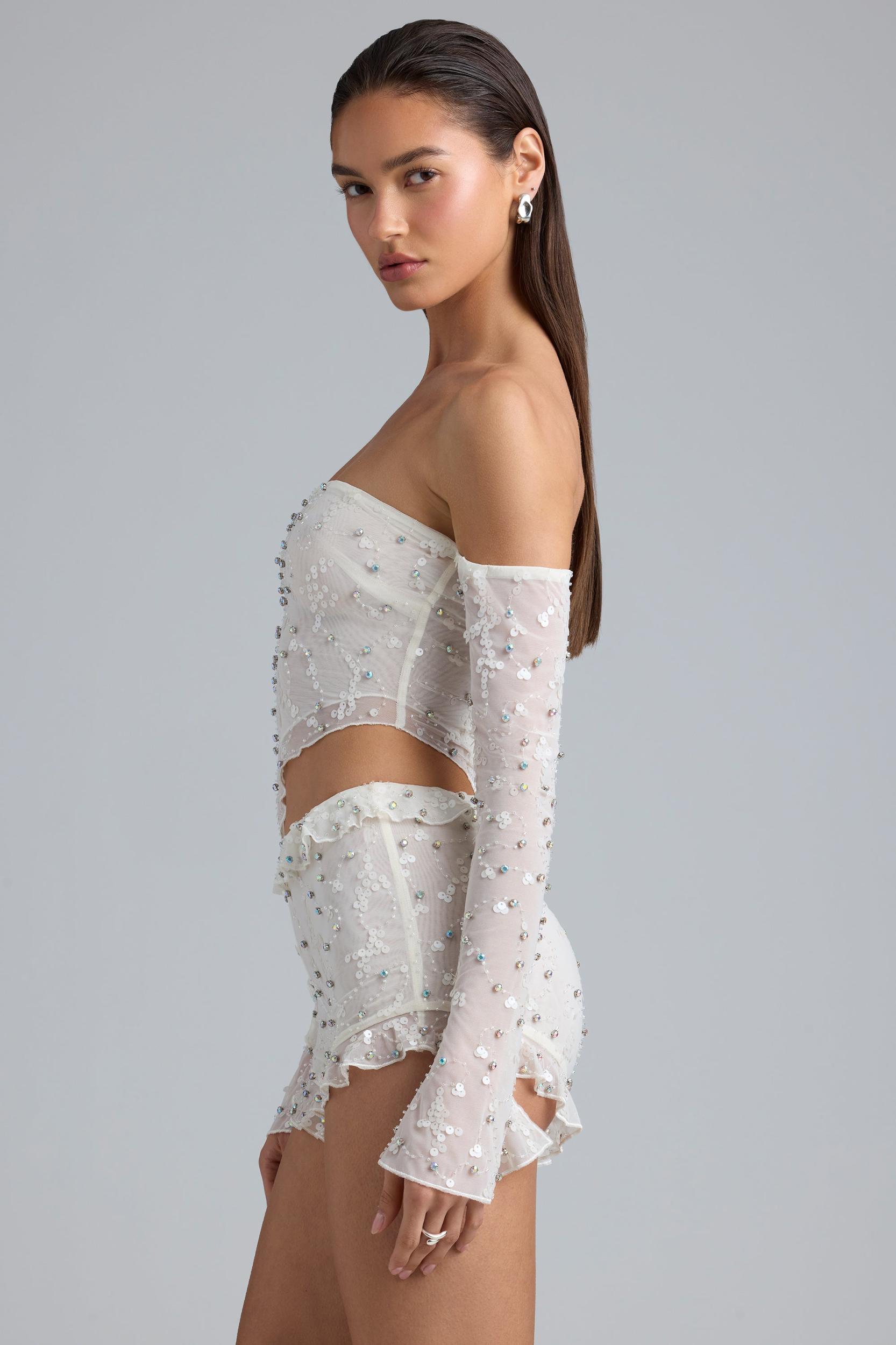 Ruffle Mid-Rise Hot Pant Shorts in Ivory Product Image